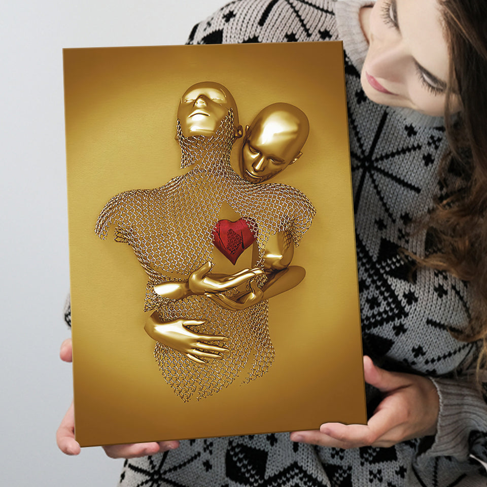 3D Effect Art Hug Love Red Moon Heart Gold Color V1 Canvas Prints Wall Art - Painting Canvas, Home Wall Decor, For Sale