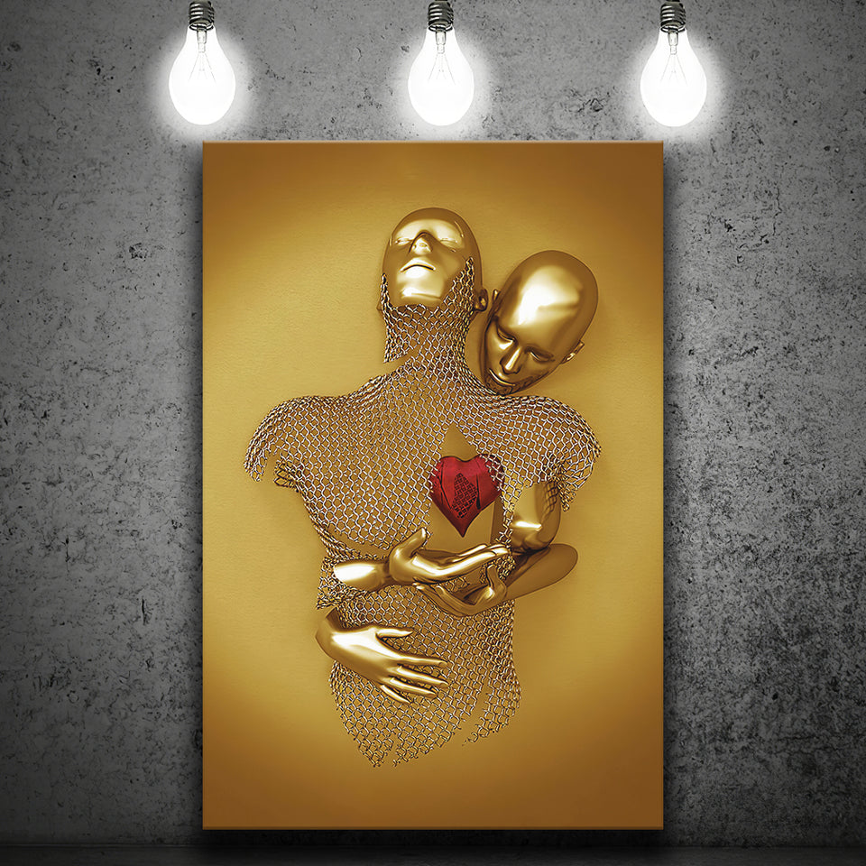 3D Effect Art Hug Love Red Moon Heart Gold Color V1 Canvas Prints Wall Art - Painting Canvas, Home Wall Decor, For Sale