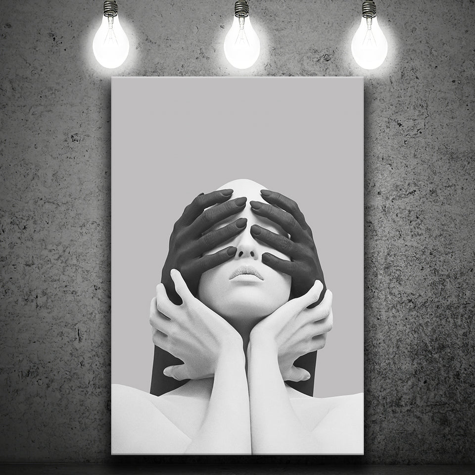 3D Effect Abstract White Woman Blindfolded By Black Hands V1 Canvas Prints Wall Art