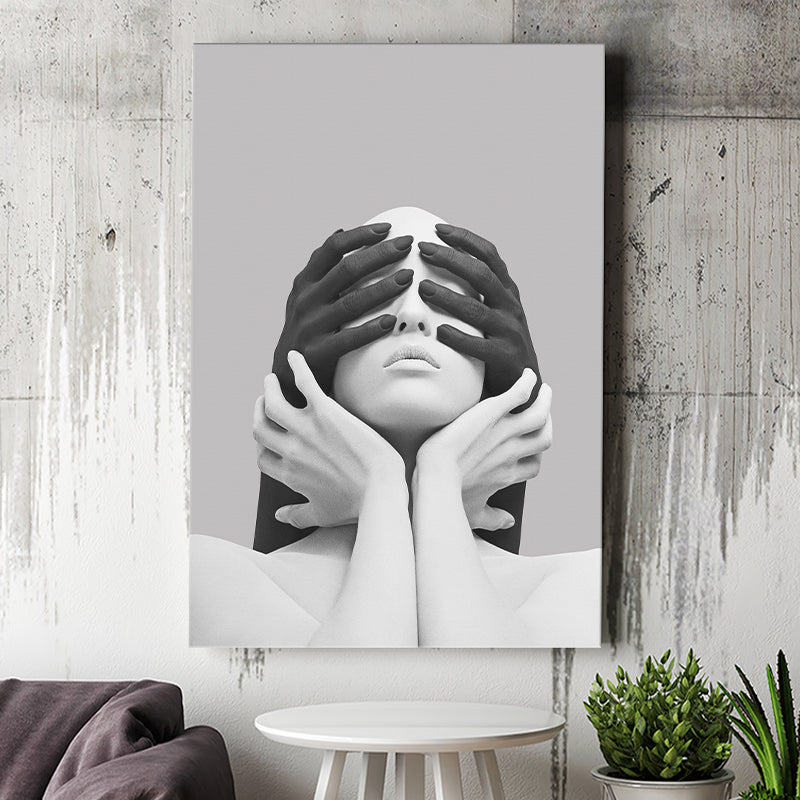 3D Effect Abstract White Woman Blindfolded By Black Hands V1 Canvas Prints Wall Art