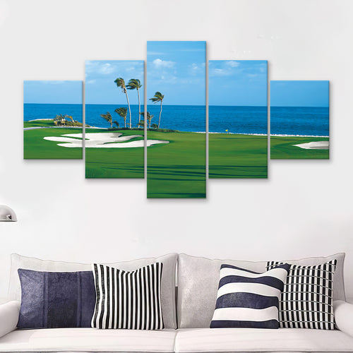 A Bright Green Perfectly Mowed Grass Golf Course By The Sea 5 Pieces Canvas Prints Wall Art - Painting Canvas, Multi Panel
