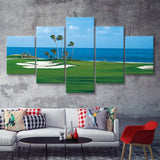 A Bright Green Perfectly Mowed Grass Golf Course By The Sea 5 Pieces Canvas Prints Wall Art - Painting Canvas, Multi Panel