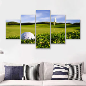 A Golf Course Featuring A Perfect White Golf Ball In The Grassland 5 Pieces Canvas Prints Wall Art - Painting Canvas, Multi Panel
