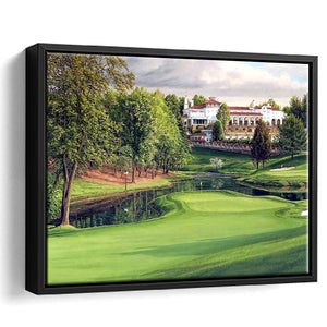 A Golf Course In Front Of A Big White Mansion Framed Canvas Prints Wall Art - Painting Canvas, Floating Frame, Wall Decor
