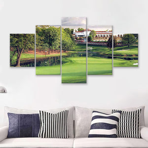 A Golf Course In Front Of A Big White Mansion 5 Pieces Canvas Prints Wall Art - Painting Canvas, Multi Panel