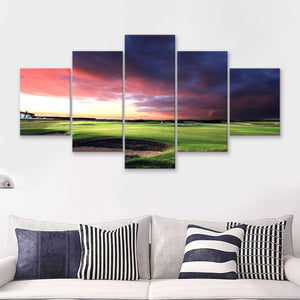 A Golf Course Looking Bright Under The Dark Clouds 5 Pieces Canvas Prints Wall Art - Painting Canvas, Multi Panel