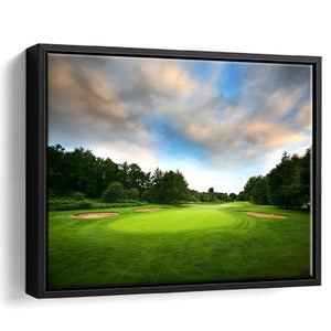 A Golf Course Under The Clouds Highlighting The Tee Cup And The Trees Surrounding Framed Canvas Prints Wall Art 