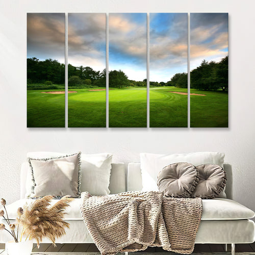 A Golf Course Under The Clouds Highlighting The Tee Cup And The Trees Surrounding 5 Pieces B Canvas Prints Wall Art 