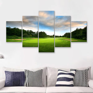 A Golf Course Under The Clouds Highlighting The Tee Cup And The Trees Surrounding 5 Pieces Canvas Prints Wall Art 