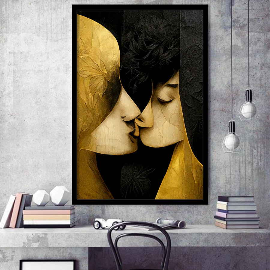 Abstract Art Couple Love Kissing Black And Gold Framed Art Print Wall Decor - Painting Art, Framed Picture, Home Decor