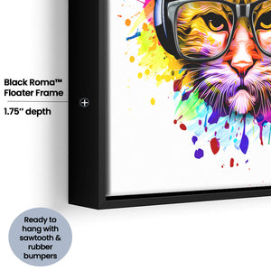 Canvas Wall Art | Acid Cats Head In Eyeglasses And Headphones - Framed Canvas, Canvas Prints, Painting Canvas