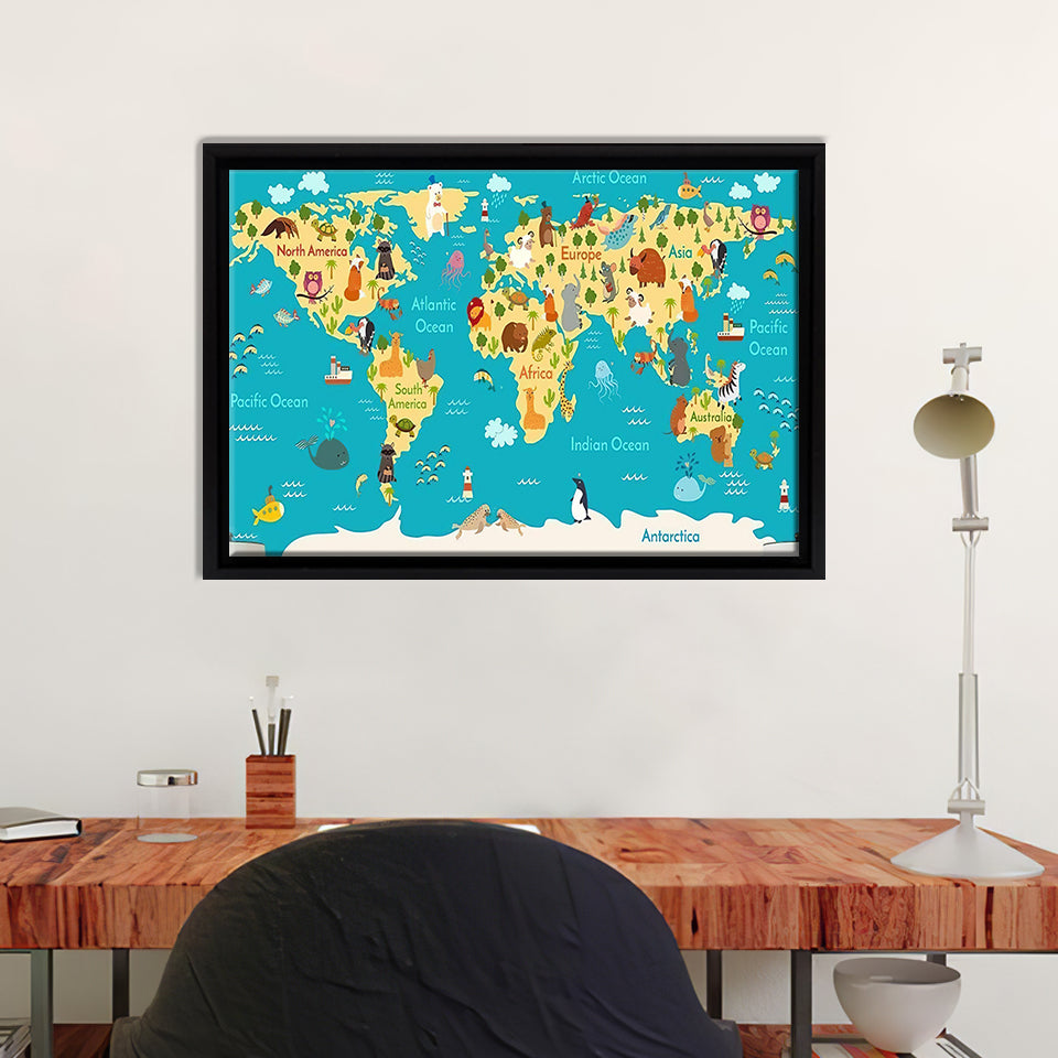 Animals World Map For Kids Room Framed Canvas Wall Art - Canvas Prints ...