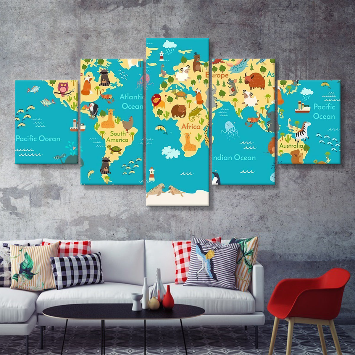 Animals World Map For Kids Room 5 Pieces Canvas Prints Wall Art - Pain ...