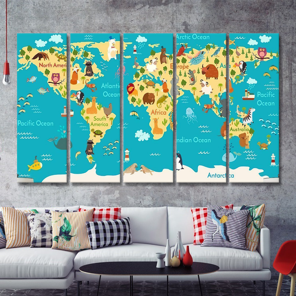 Animals World Map For Kids Room 5 Pieces Canvas Prints Wall Art - Pain ...