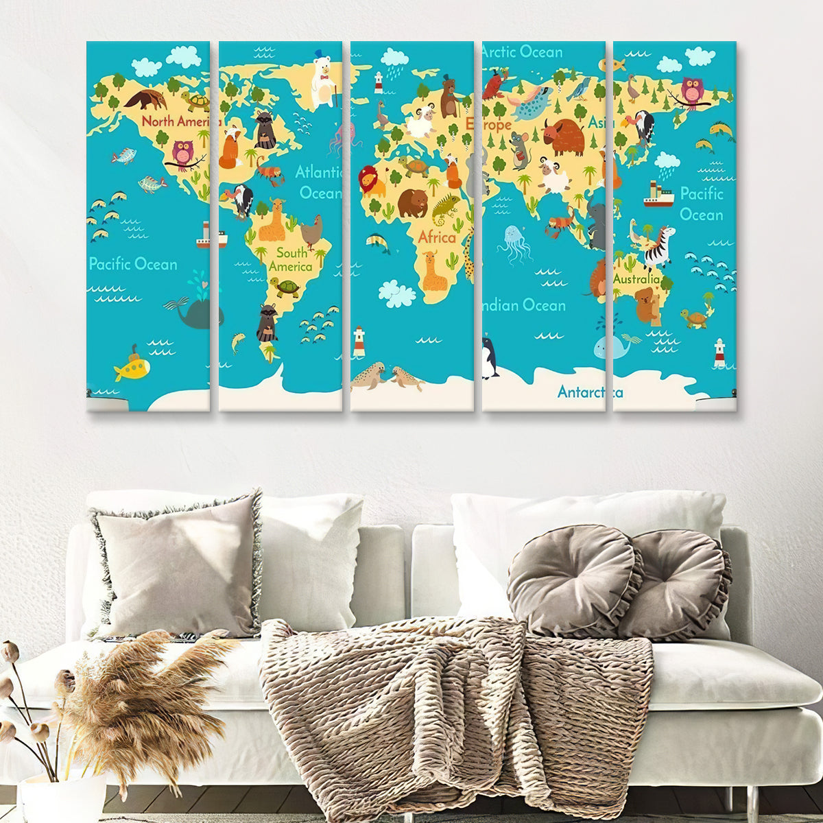 Animals World Map For Kids Room 5 Pieces Canvas Prints Wall Art - Pain ...