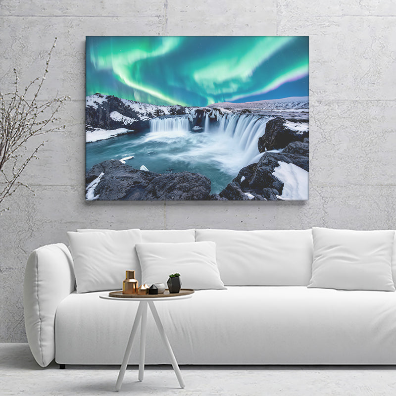 Aurora Borealis Over Godafoss Waterfall In Iceland Canvas Wall Art - C ...