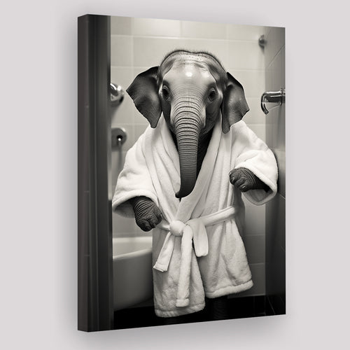 Baby Elephant Wearing Bathrobe In Bathroom Art, Painting Art, Canvas Prints Wall Art Home Decor