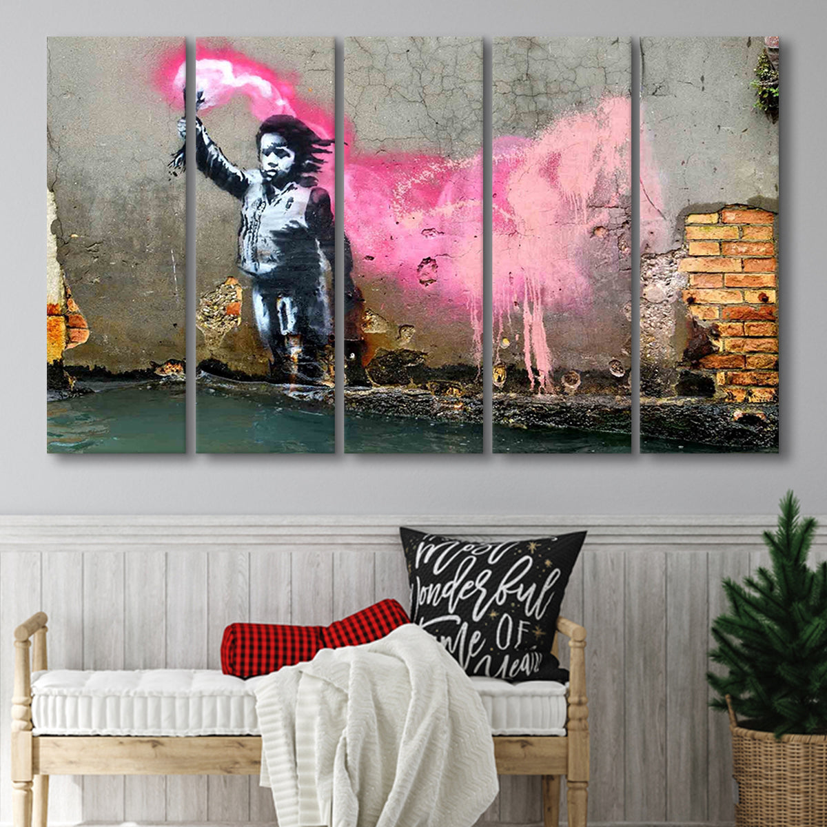 Banksy Migrant Child, Street Art Larger Canvas Art, 5 Piece Canvas