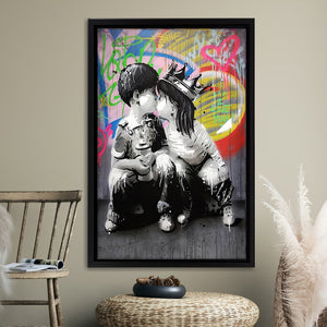 Boy Girl Kissing Graffiti Framed Canvas Prints Wall Art - Painting Canvas, Home Wall Decor, For Sale, Floating Frame