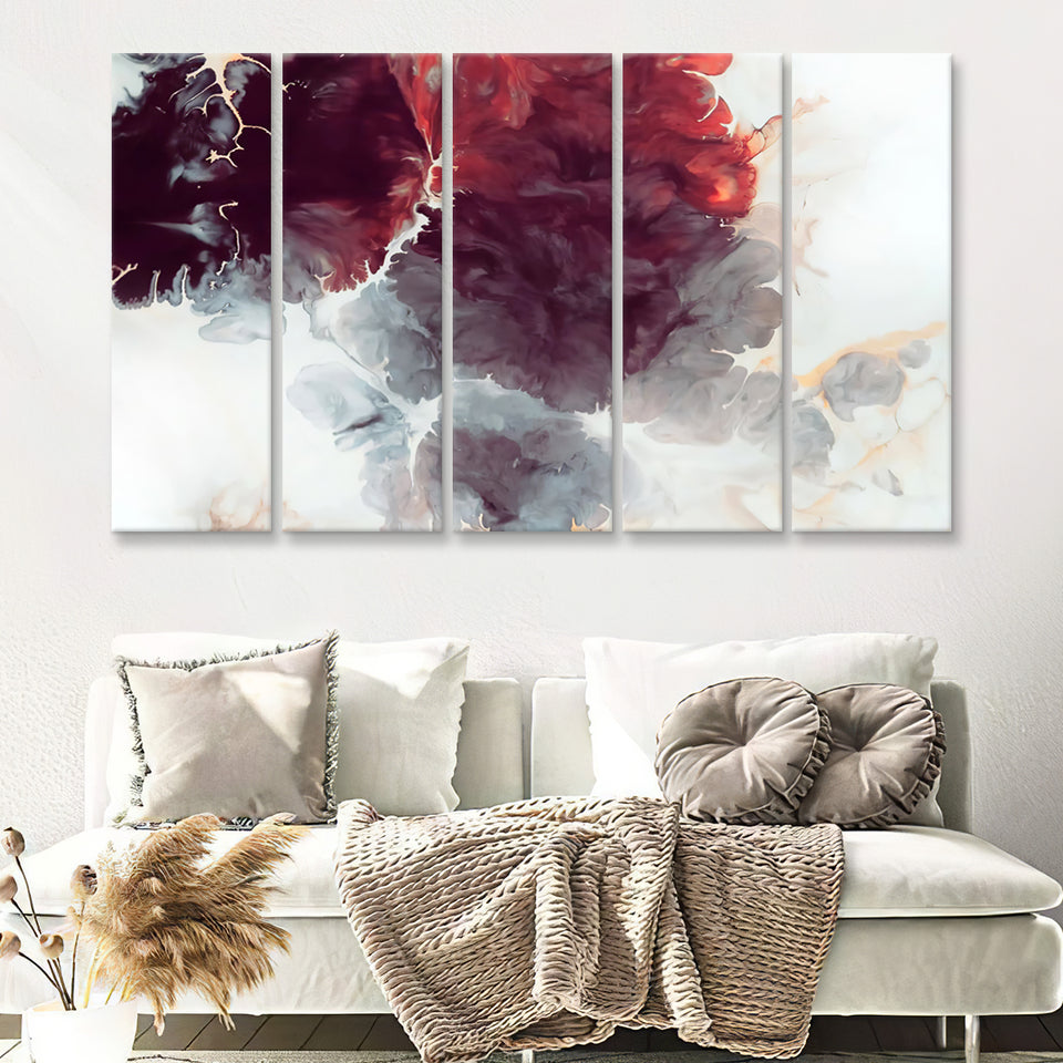 Burgundy Flowers Abstract 5 Pieces Canvas Prints Wall Art - Painting Canvas, Multi Panels, Wall Decor