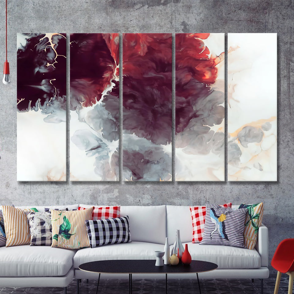 Burgundy Flowers Abstract 5 Pieces Canvas Prints Wall Art - Painting Canvas, Multi Panels, Wall Decor