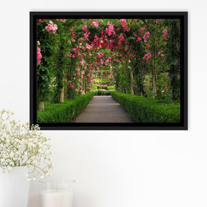 Garden Path With Beautiful Red Roses Framed Canvas Prints Wall Art - Painting Canvas, Wall Decor, Floating Frame,Painting Prints, For Sale