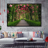 Garden Path With Beautiful Red Roses Framed Canvas Prints Wall Art - Painting Canvas, Wall Decor, Floating Frame,Painting Prints, For Sale