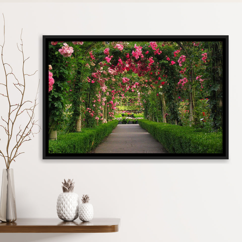 Garden Path With Beautiful Red Roses Framed Canvas Prints Wall Art - Painting Canvas, Wall Decor, Floating Frame,Painting Prints, For Sale
