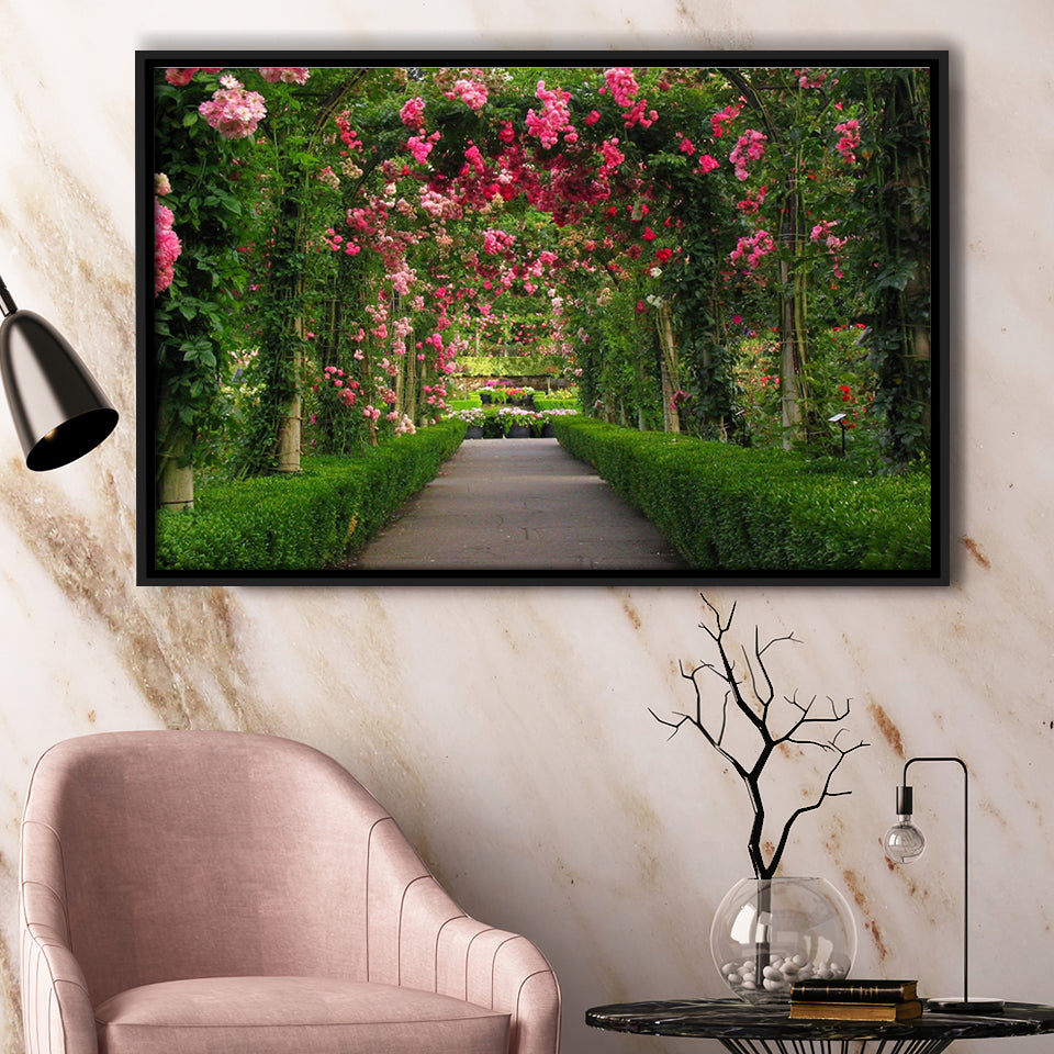 Garden Path With Beautiful Red Roses Framed Canvas Prints Wall Art - Painting Canvas, Wall Decor, Floating Frame,Painting Prints, For Sale