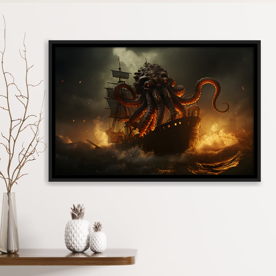 Kraken Tentacle Monster Attacks Pirate Ship V1 Framed Canvas Prints Wa