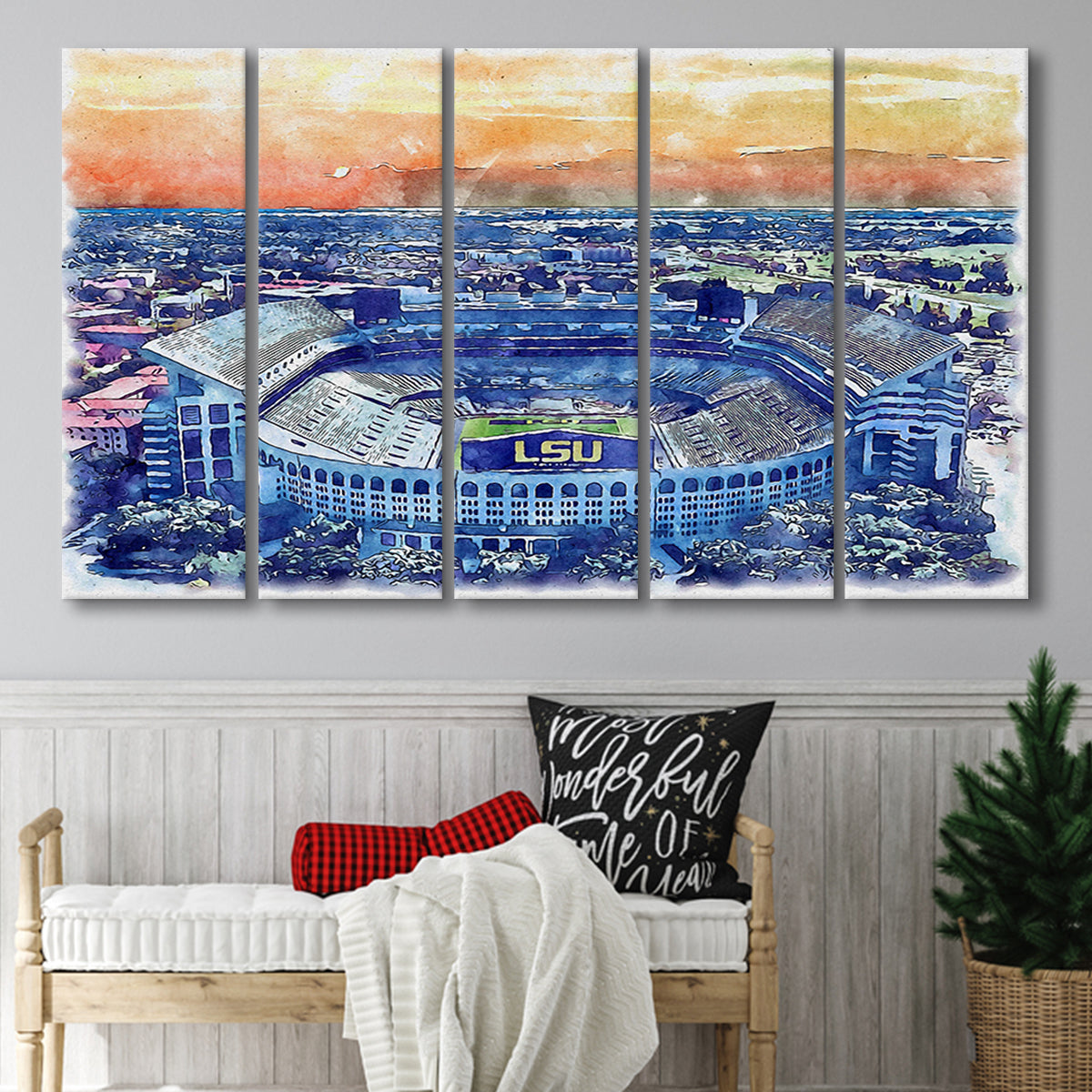 LSU Tigers Tiger Stadium Watercolor, 5 Pieces B, Multi Panel Canvas Pr ...