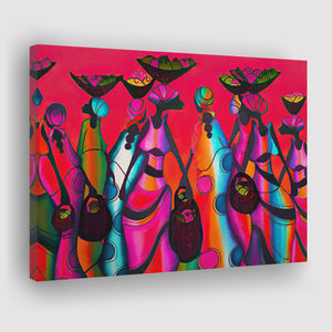 Ladies With Fruit Basket in Pink Background Canvas Prints Wall Art - Painting Canvas, African Art, Home Wall Decor, Painting Prints, For Sale