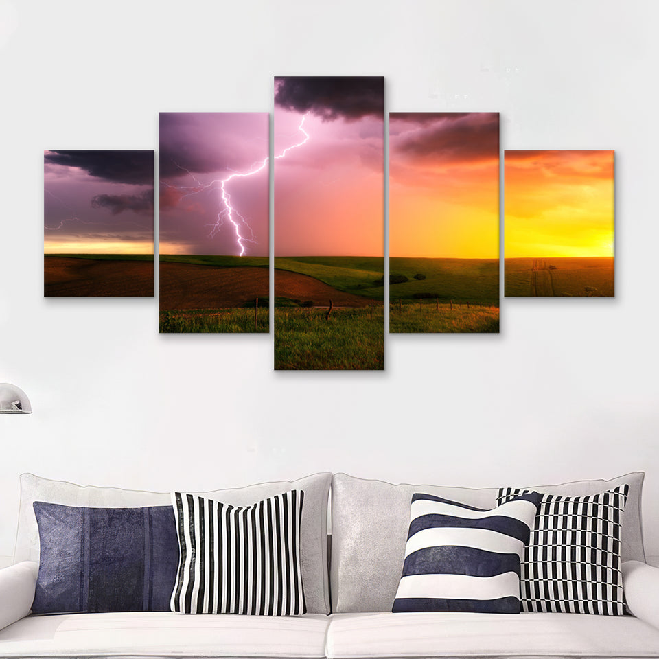 Lightning Strike Down At Sunset  5 Pieces Canvas Prints Wall Art - Painting Canvas, Multi Panels, 5 Panel, Wall Decor