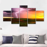 Lightning Strike Down At Sunset  5 Pieces Canvas Prints Wall Art - Painting Canvas, Multi Panels, 5 Panel, Wall Decor