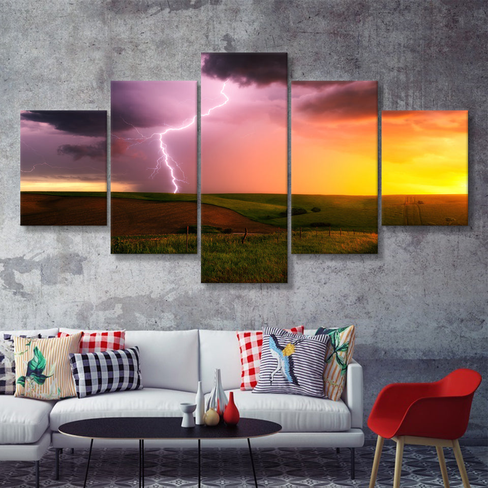 Lightning Strike Down At Sunset  5 Pieces Canvas Prints Wall Art - Painting Canvas, Multi Panels, 5 Panel, Wall Decor