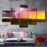 Lightning Strike Down At Sunset  5 Pieces Canvas Prints Wall Art - Painting Canvas, Multi Panels, 5 Panel, Wall Decor
