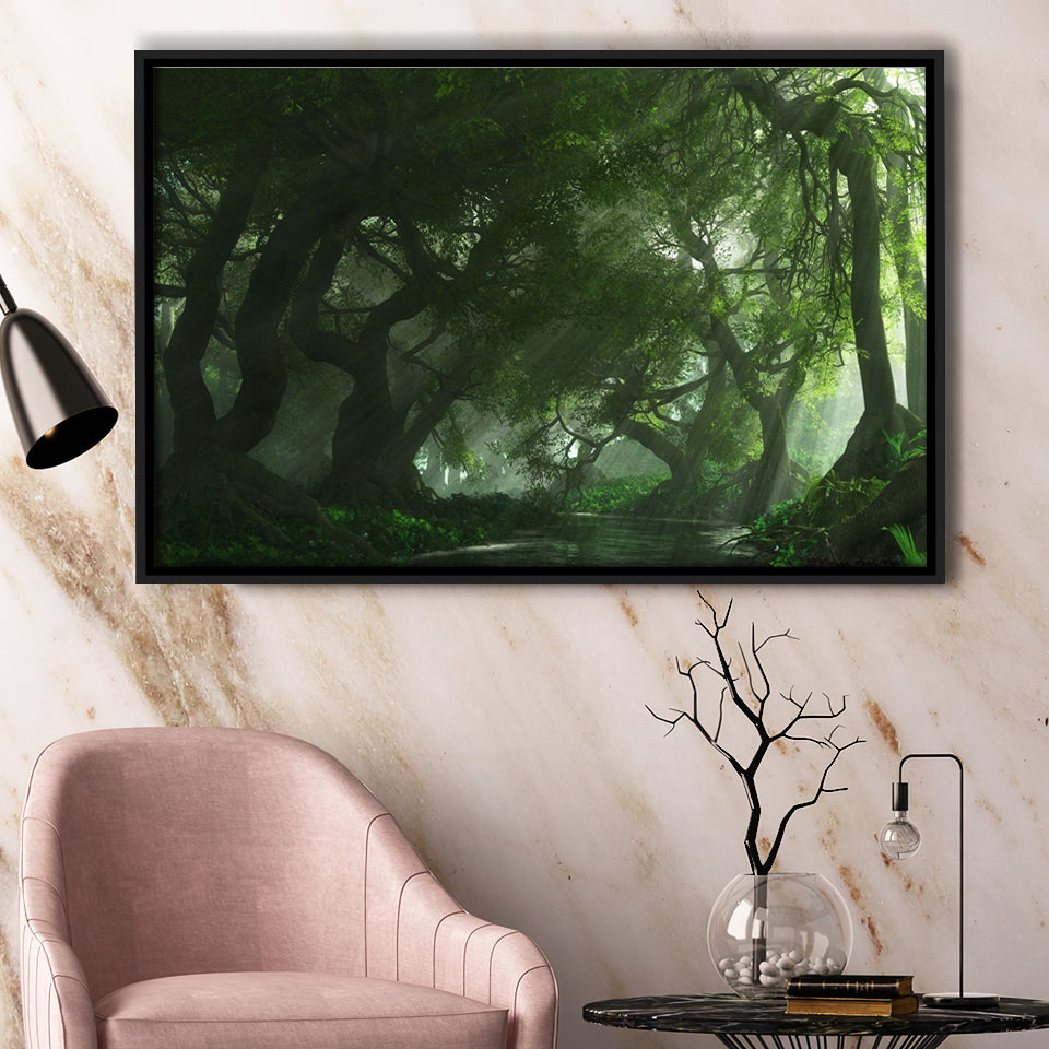 Long Big Tree Forest And A River Framed Canvas Prints Wall Art - Painting Canvas, Wall Decor, Floating Frame,Painting Prints, For Sale