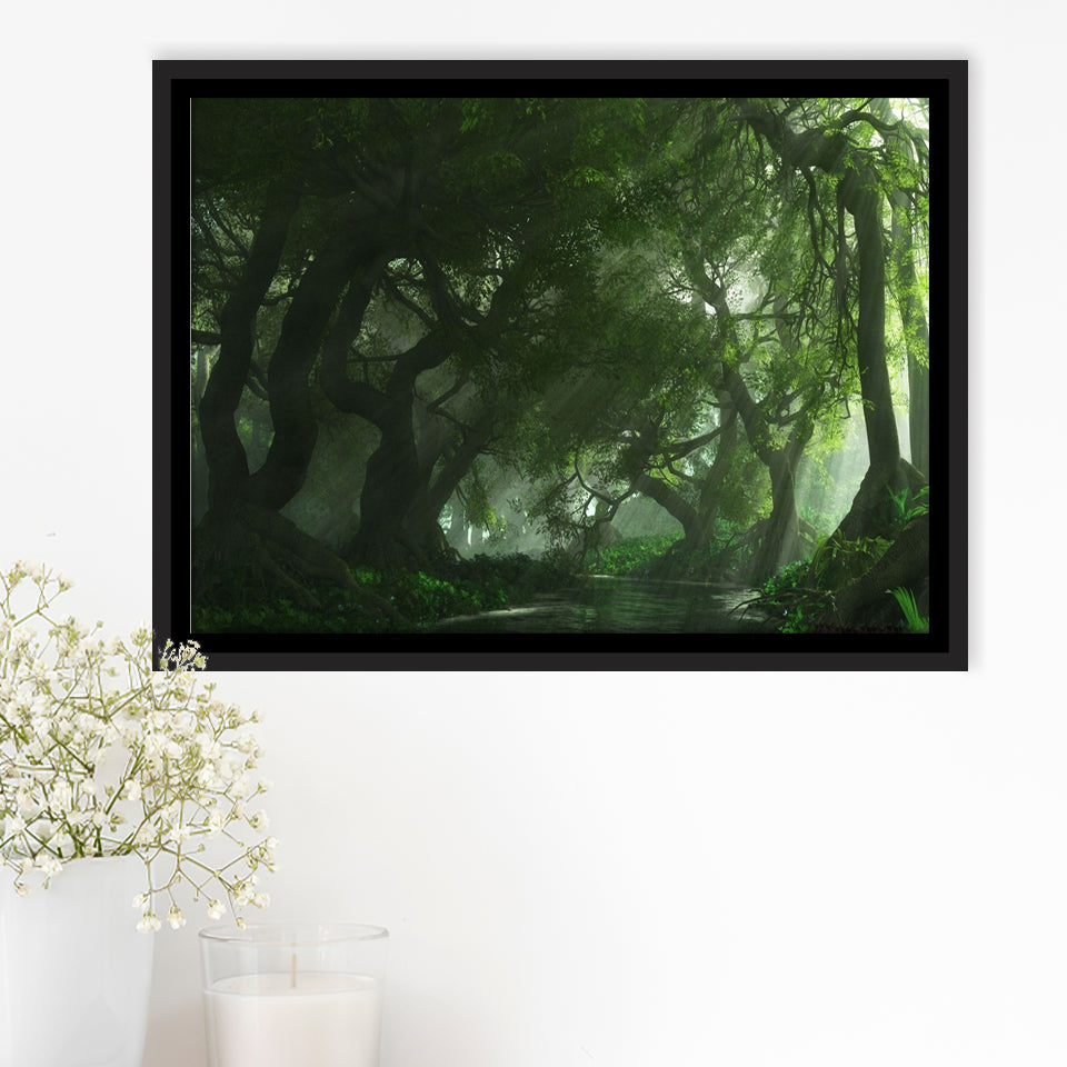 Long Big Tree Forest And A River Framed Canvas Prints Wall Art - Painting Canvas, Wall Decor, Floating Frame,Painting Prints, For Sale