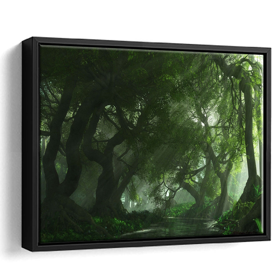 Long Big Tree Forest And A River Framed Canvas Prints Wall Art - Painting Canvas, Wall Decor, Floating Frame,Painting Prints, For Sale