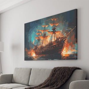 Pirate Ship On Fire Water Color Painting Art Canvas Prints Wall Art, Home Living Room Decor, Large Canvas