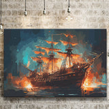 Pirate Ship On Fire Water Color Painting Art Canvas Prints Wall Art, Home Living Room Decor, Large Canvas