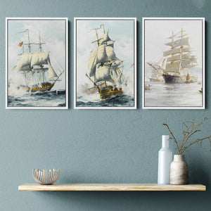 Sailboats Floating In The Sea Set of 3 Piece Framed Canvas Prints Wall Art Decor