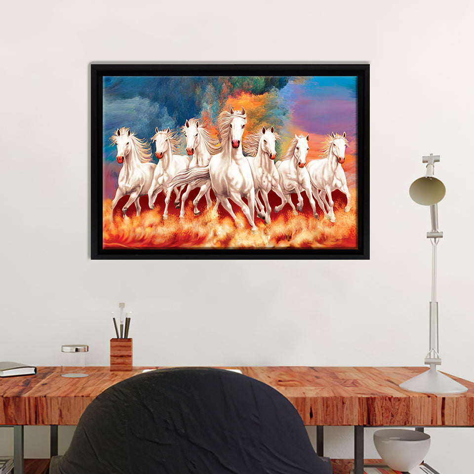 7 Running White Horses Framed Canvas Wall Art - Canvas Prints, Paintin ...