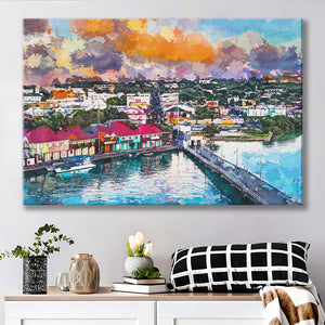 St Johns Antigua Port Skyline Twilight City Art Watercolor Canvas Prints Wall Art Home Decor, Large Canvas