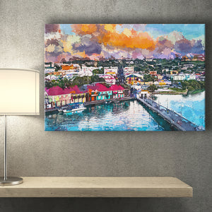 St Johns Antigua Port Skyline Twilight City Art Watercolor Canvas Prints Wall Art Home Decor, Large Canvas