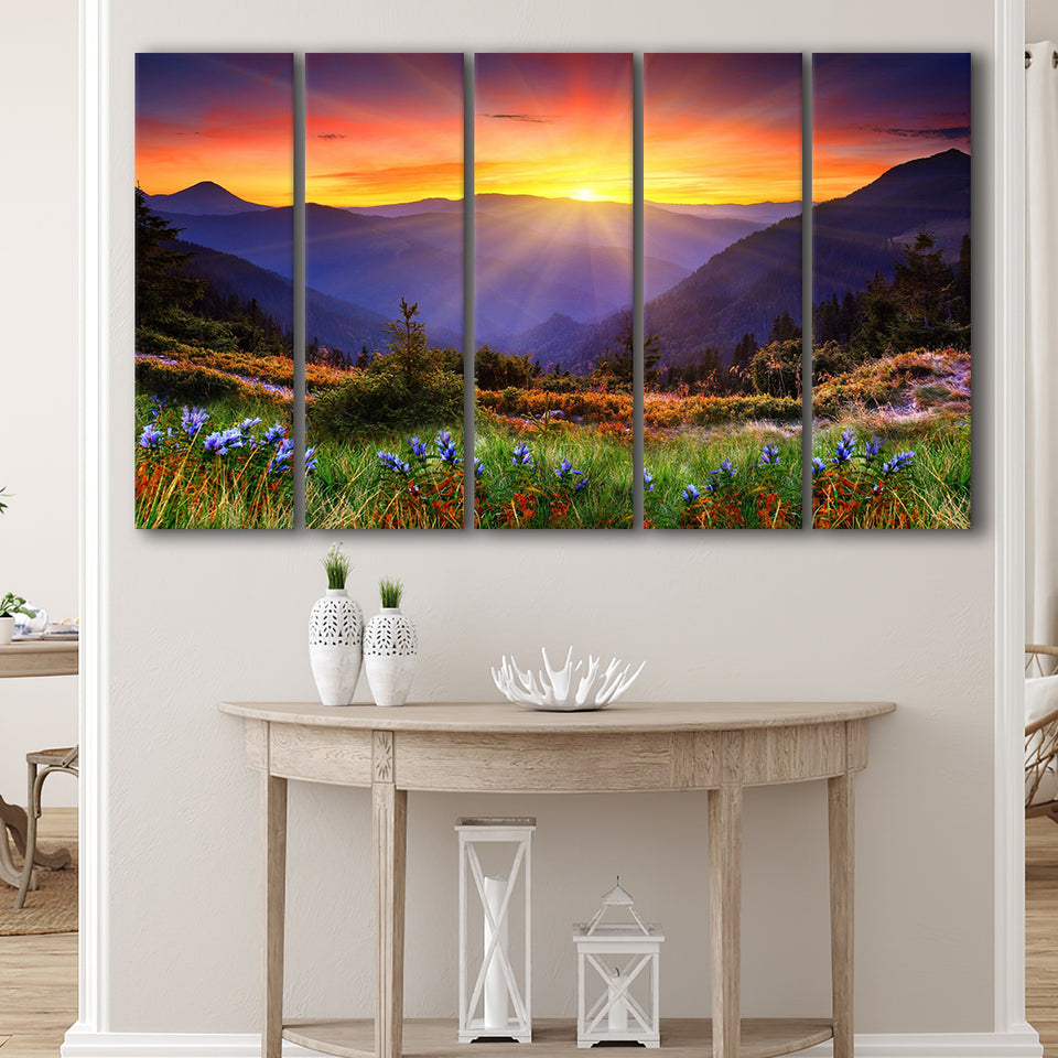 Sunrise In A Mountain, Beautiful Scene Art, 5 Panel B Canvas Prints Wall Art, Extra Large Canvas Decor