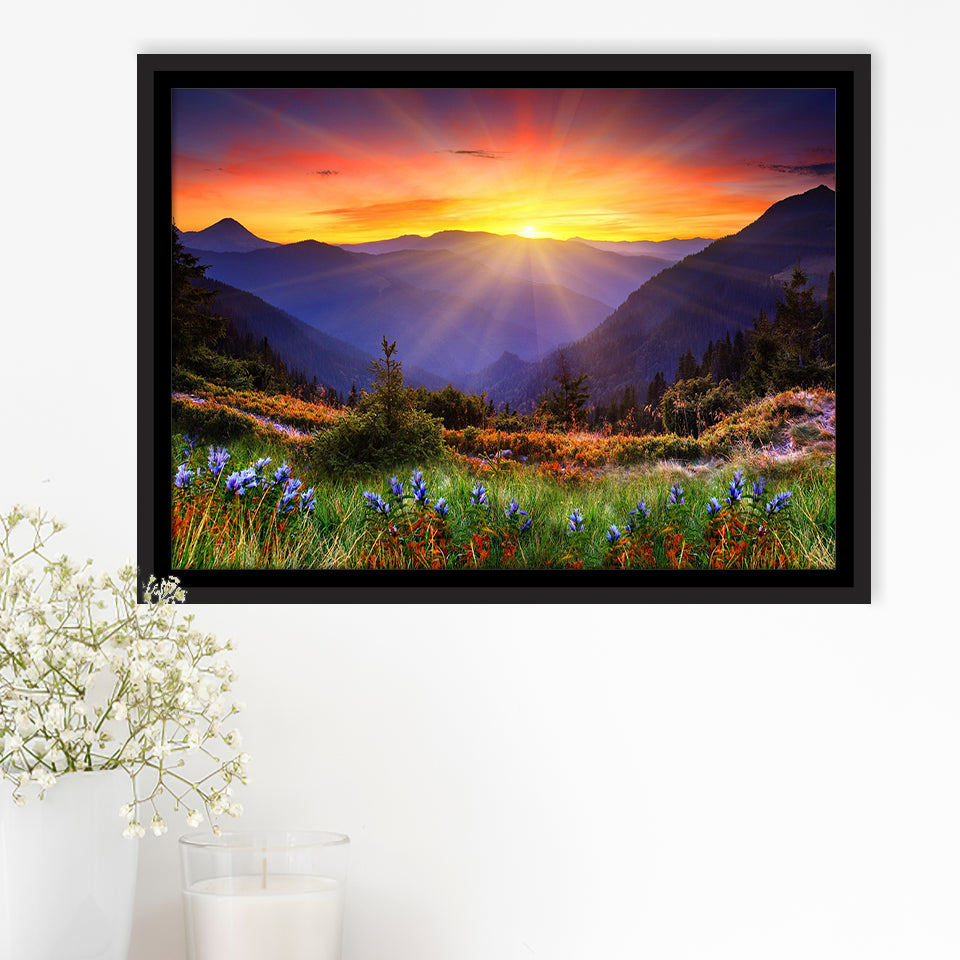 Sunrise In A Mountain, Beautiful Scene Art Framed Canvas Prints Wall Art, Floating Frame, Large Canvas Home Decor