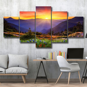 Sunrise In A Mountain, Beautiful Scene Art, 5 Panel Canvas Prints Wall Art,Mixed Canvas, Large Canvas