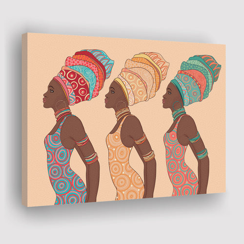 Three African Ladies w Different Turban Canvas Prints Wall Art - Painting Canvas, African Art, Home Wall Decor, Painting Prints, For Sale