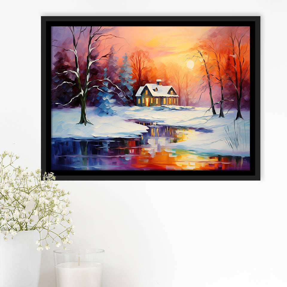 Winter Snow A Lake Near House Xmas Art Oil Painting,5 Panel Extra Larg –  UnixCanvas